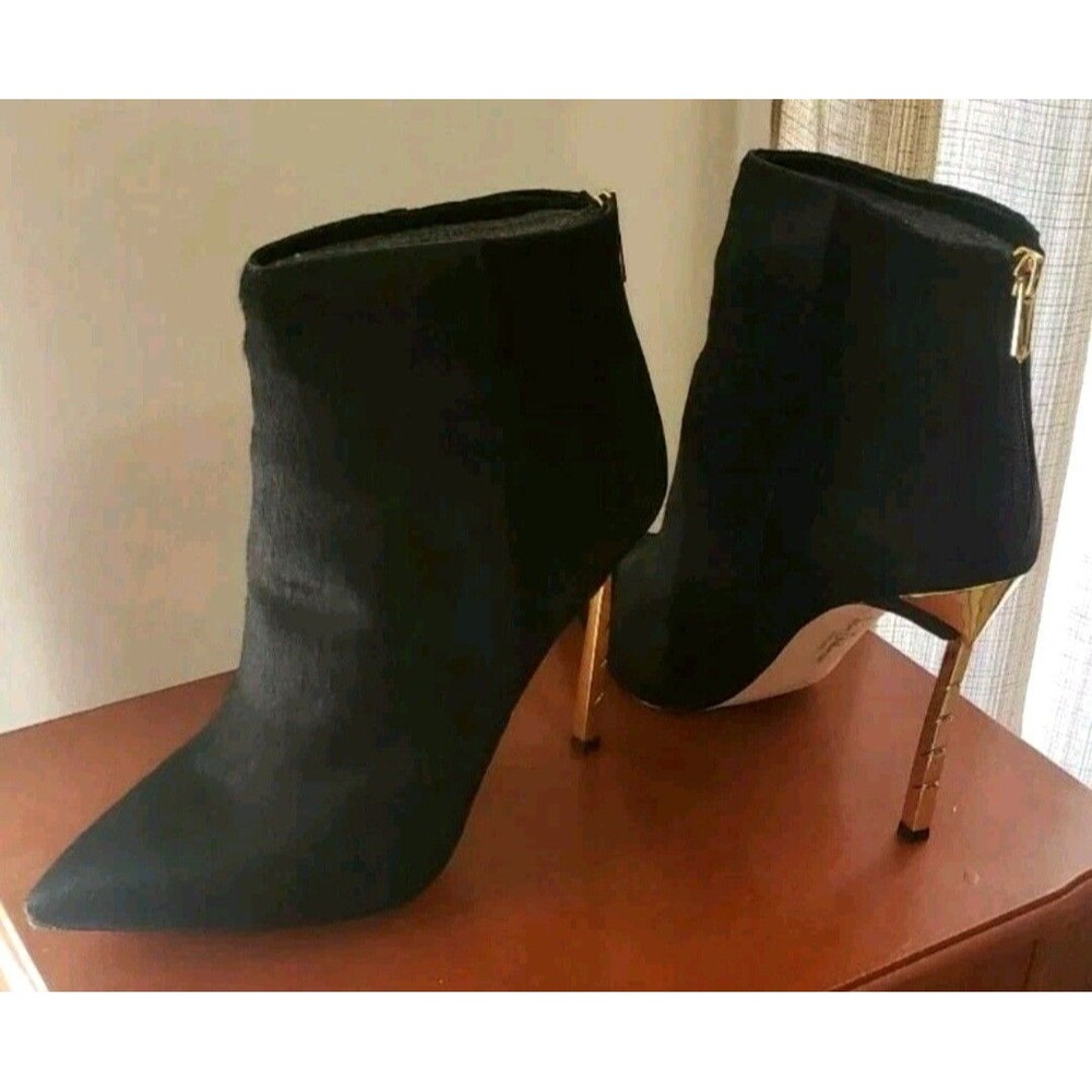 Sam Edelman Sandy Ankle Boots Women 10 Black Haircalf Leather Gold Heel Stiletto